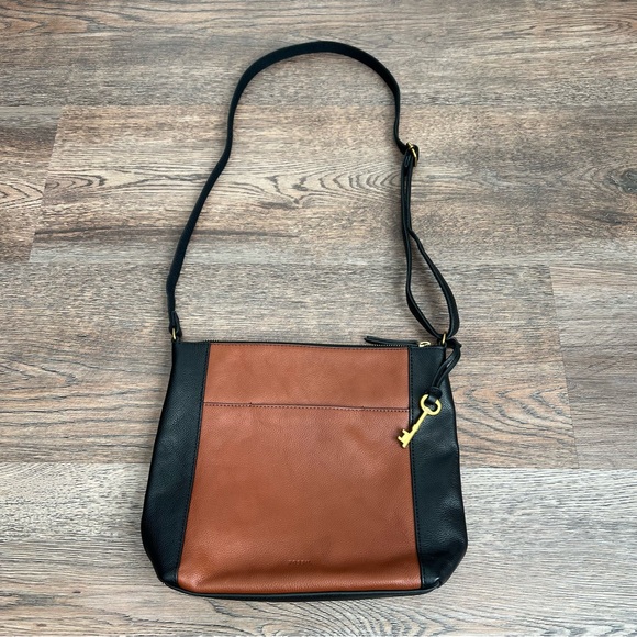 Fossil Tara Leather Crossbody Bag Black Brown Colorblock Gold Hardware - Picture 3 of 16